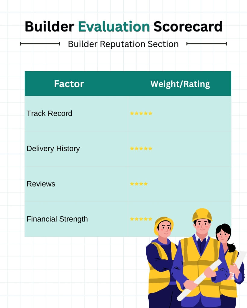 Builder evaluation scorecard showing key factors for assessing a real estate developer, including track record, delivery history, reviews, and financial strength with star ratings.