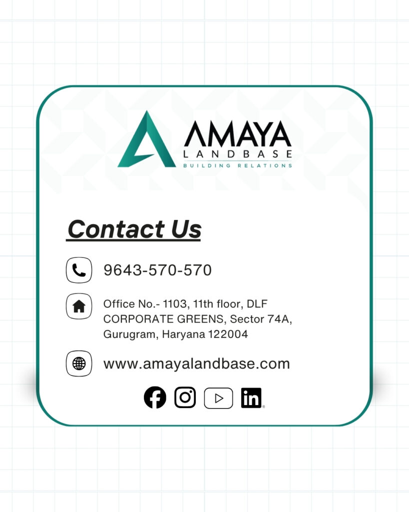 Contact information card for Amaya Landbase featuring phone number, office address, website, and social media links.