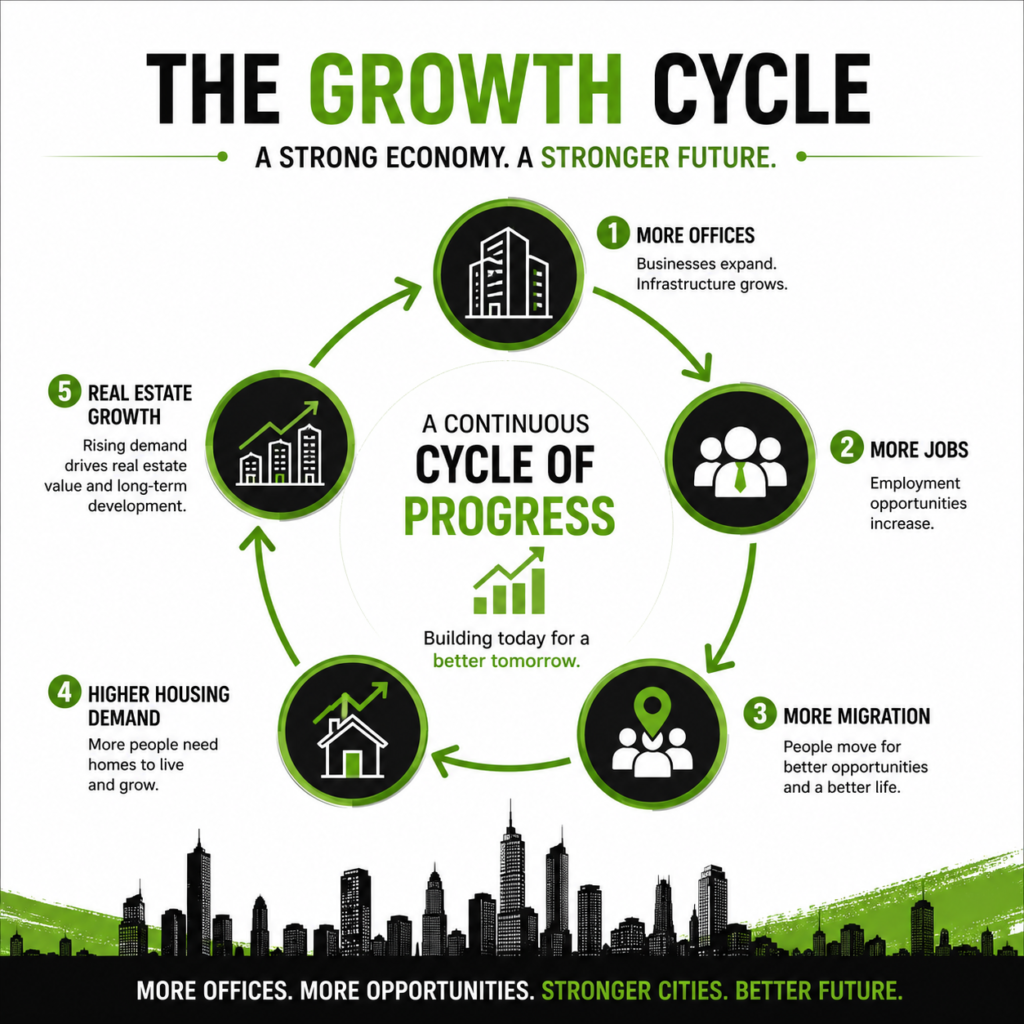 Infographic showing the real estate growth cycle from more offices and jobs to migration, higher housing demand, and real estate growth in India.