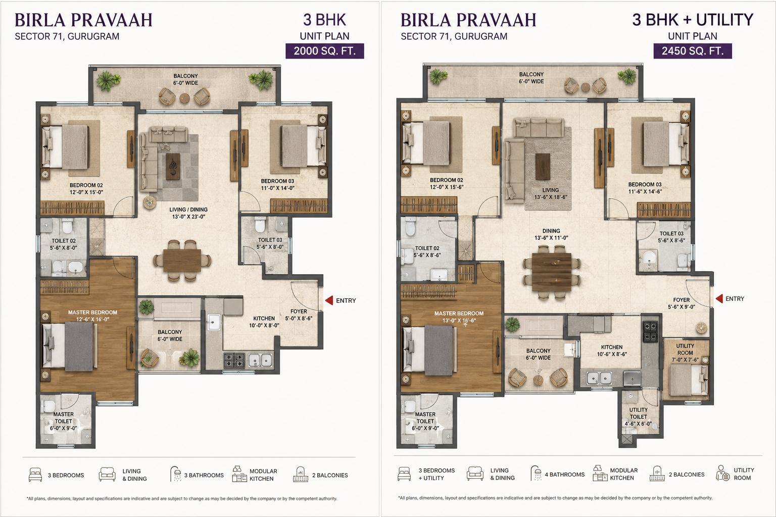 Birla Pravaah floor plan showing 3 BHK 2000 sq ft and 3 BHK + Utility 2450 sq ft layouts.