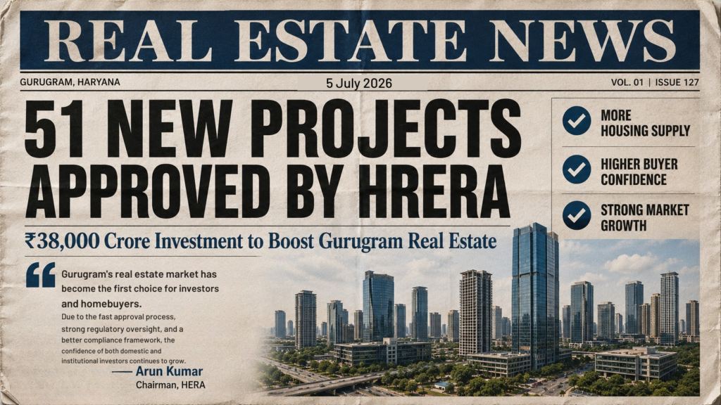 Gurugram skyline representing HRERA approval of 51 real estate projects worth ₹38,000 crore in the first half of 2026.