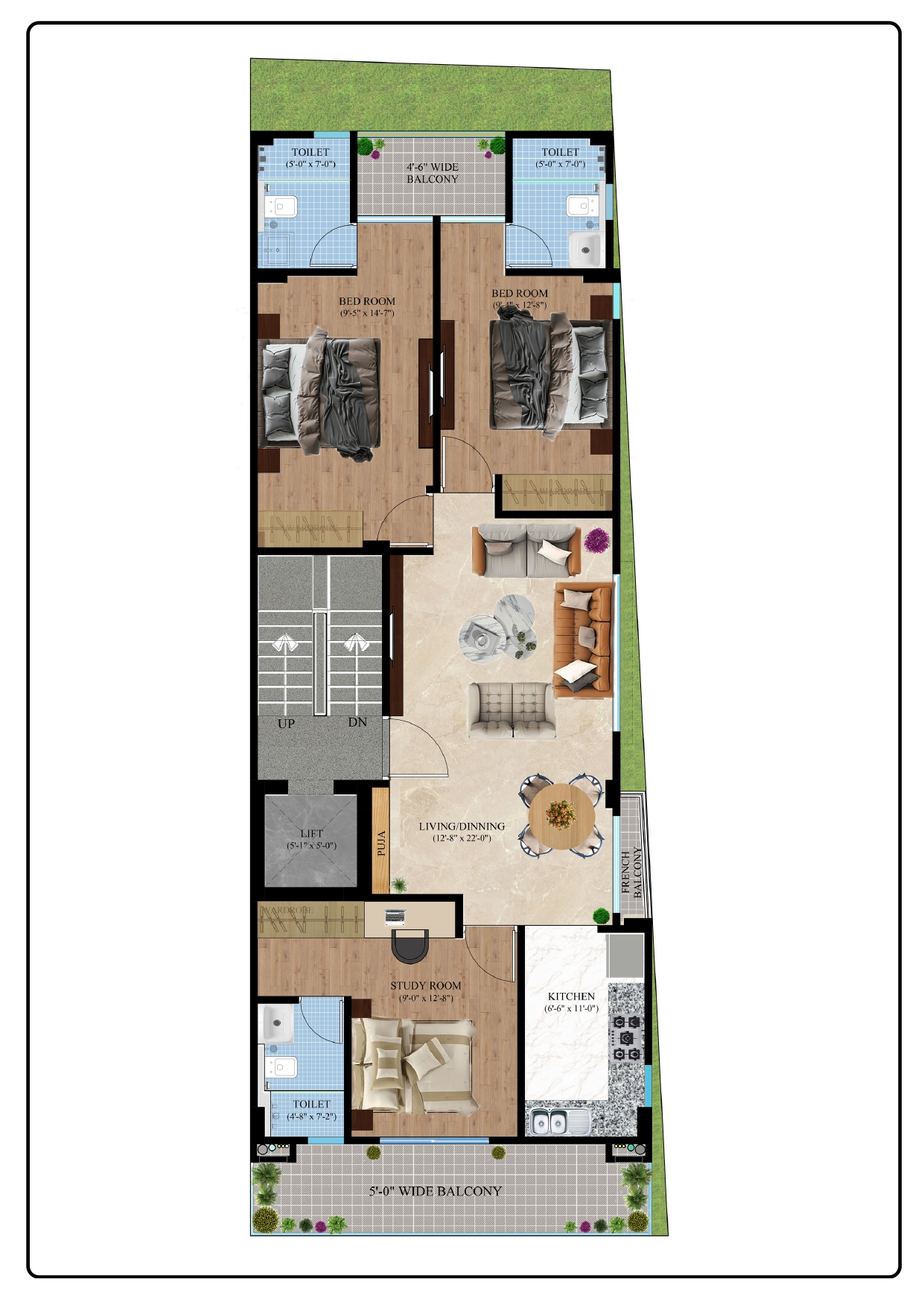 3 BHK floor plan of Amaya Floors at Orris Aanandam Ora in Sector 93 Gurgaon with living room, study room, kitchen, balconies, and attached bathrooms.