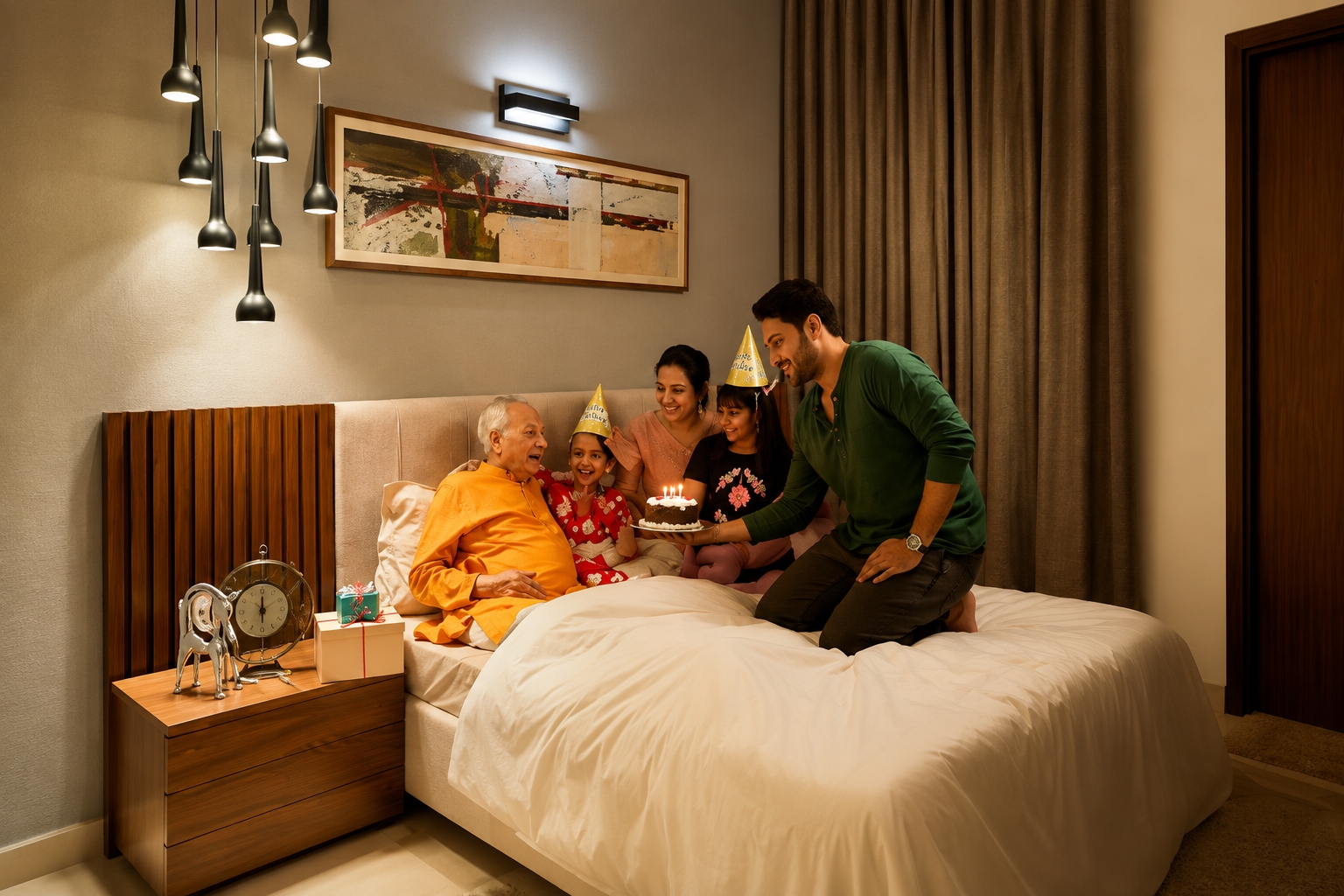 Family celebrating together in a spacious bedroom representing comfortable living at WAL Serenia 92 Gurgaon.
