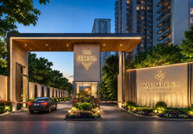 WAL Serenia Sector 92 Gurugram grand entrance with illuminated gateway, landscaped gardens, security cabin, and high-rise towers.