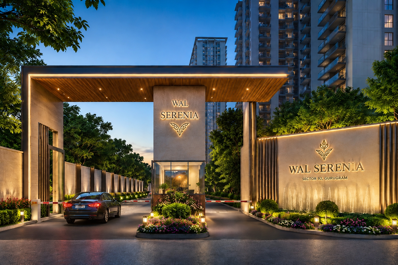 WAL Serenia Sector 92 Gurugram grand entrance with illuminated gateway, landscaped gardens, security cabin, and high-rise towers.