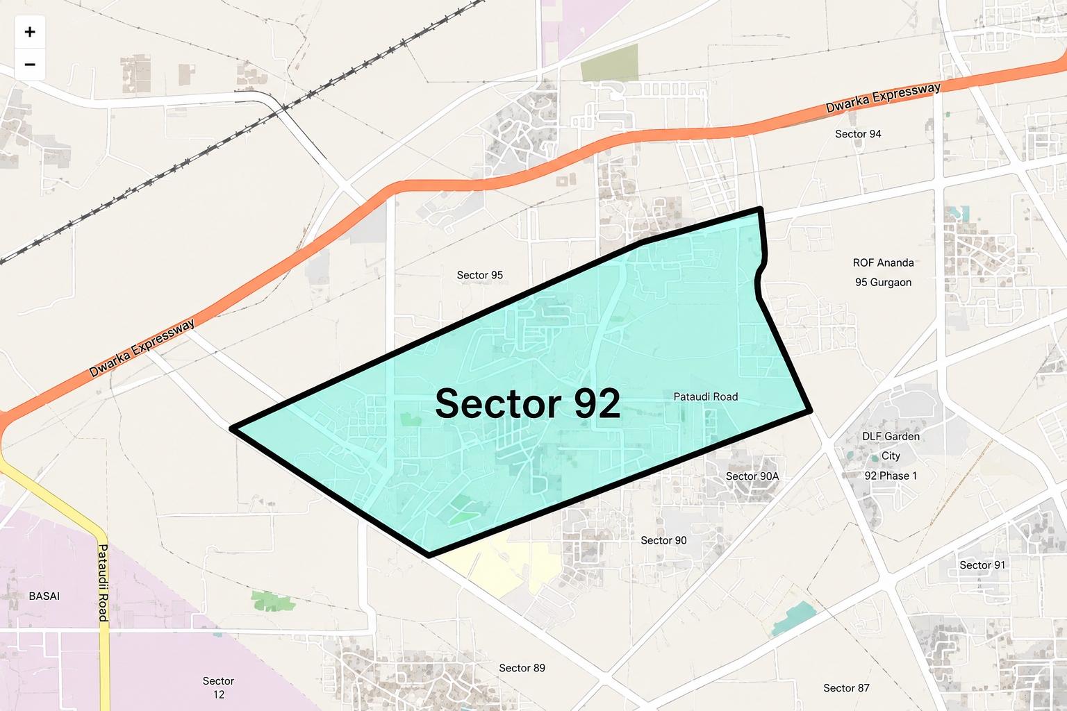 Location map of Sector 92 Gurgaon showing connectivity to Dwarka Expressway, Pataudi Road, and nearby sectors.