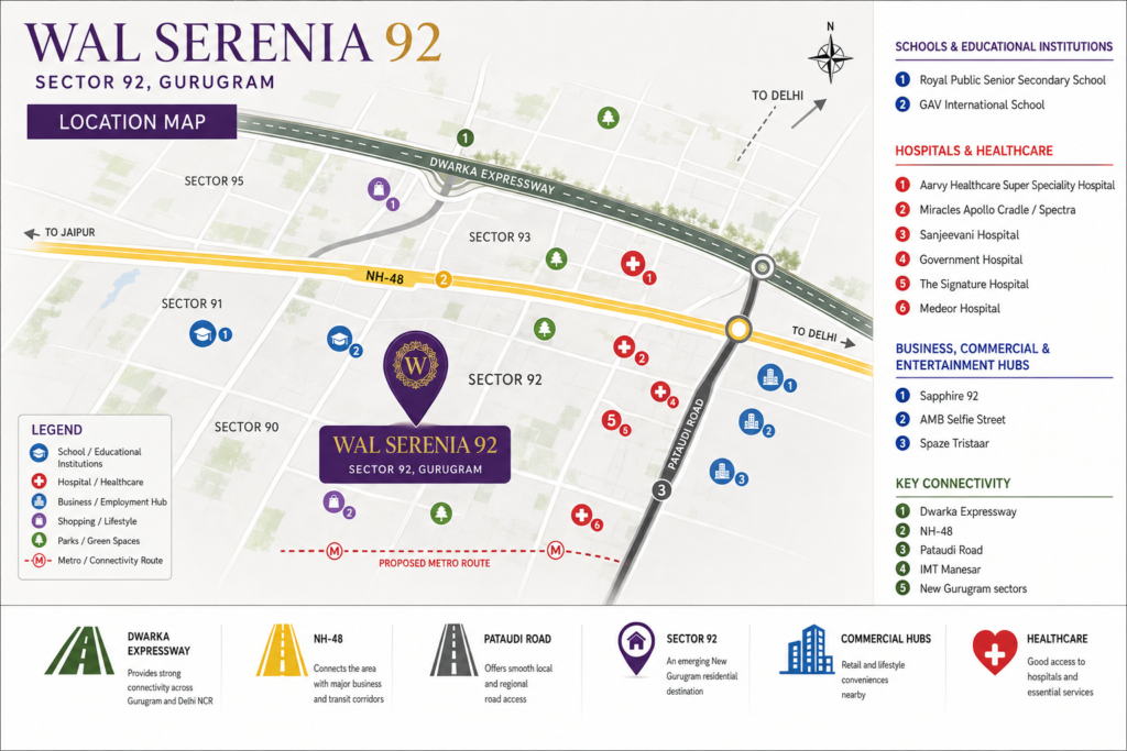WAL Serenia 92 Gurgaon location map showing Dwarka Expressway, NH-48, Pataudi Road, schools, hospitals and commercial hubs.