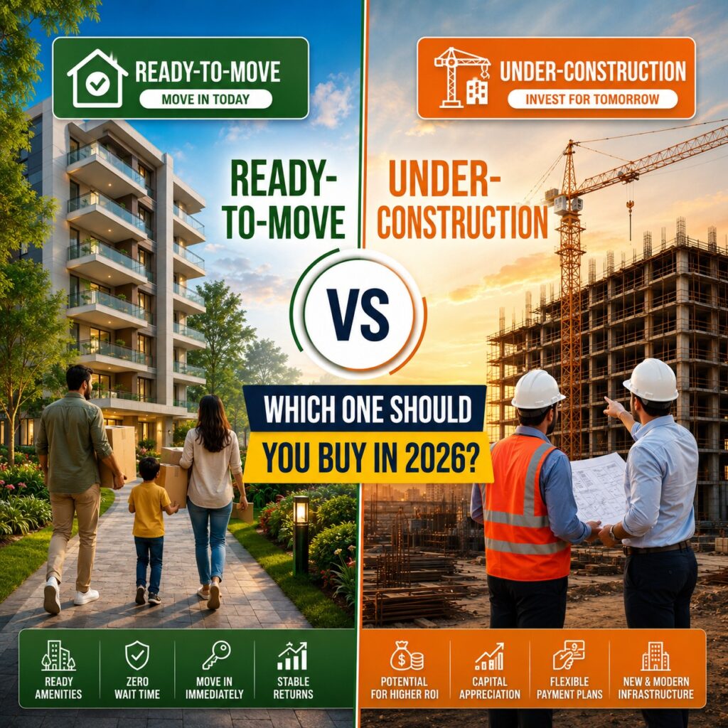 Ready-to-Move vs Under-Construction properties comparison showing completed apartment and under-construction building.