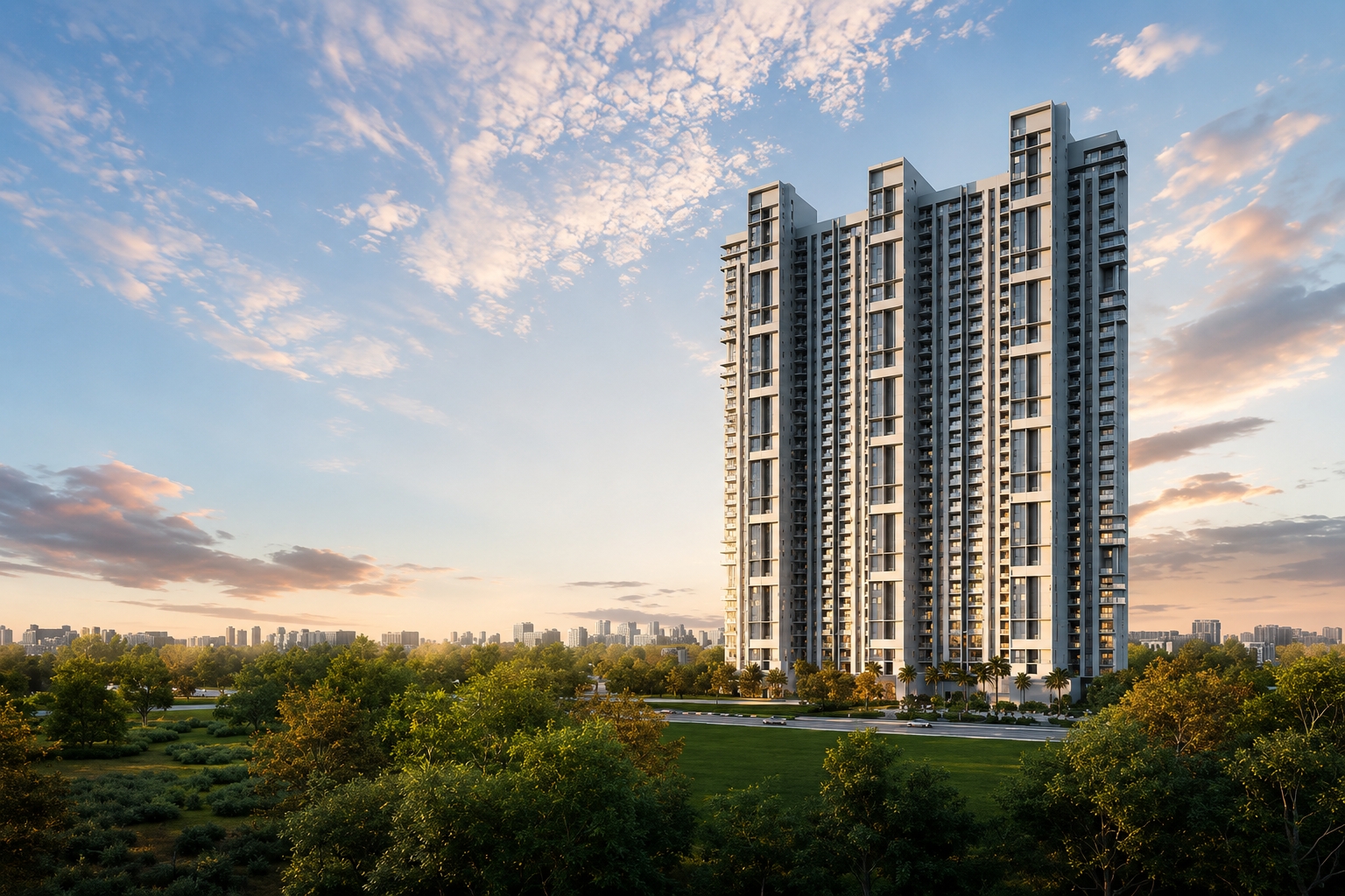 Birla Pravaah Sector 71 Gurgaon high-rise residential tower surrounded by landscaped green spaces.