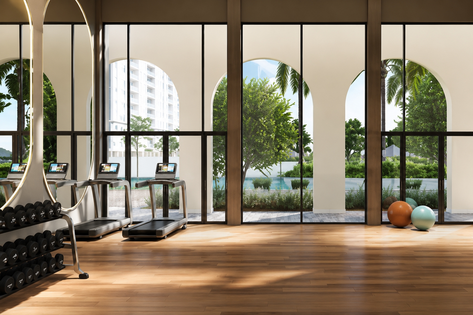 Birla Pravaah Sector 71 Gurgaon modern gym with treadmills, dumbbells and large windows.