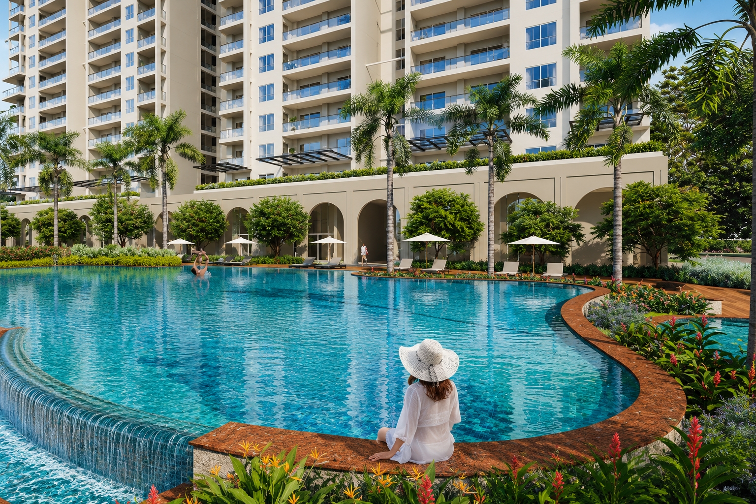 Luxury residential swimming pool surrounded by high-rise apartments, landscaped gardens, palm trees, and poolside seating.