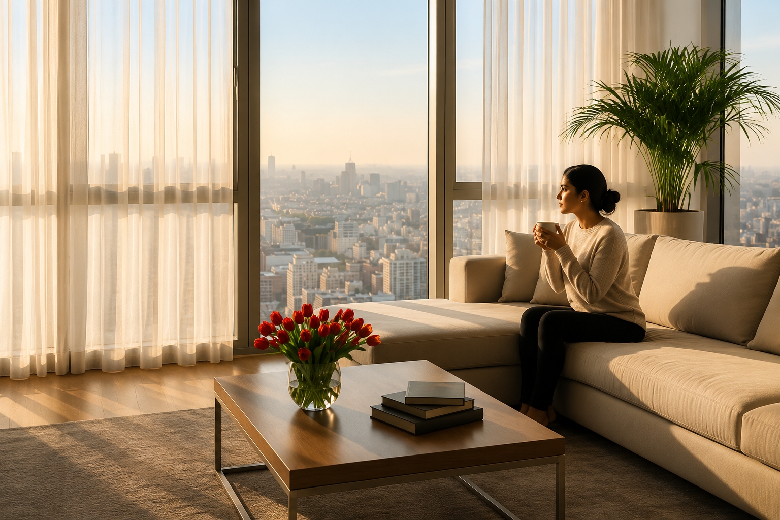 Luxury high-rise apartment living room with floor-to-ceiling windows, modern sofa, and panoramic city views.