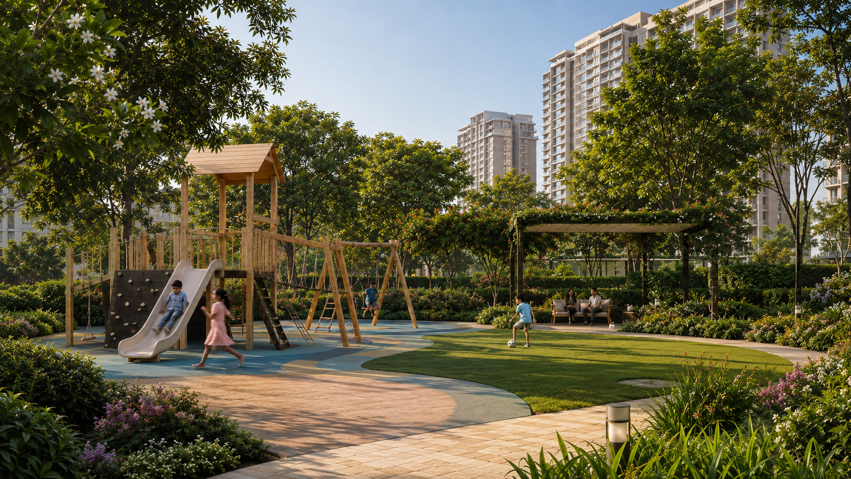 Kids play area at Ganga Nine Zero Sector 90 Gurugram featuring landscaped gardens, open green spaces, and premium residential towers.