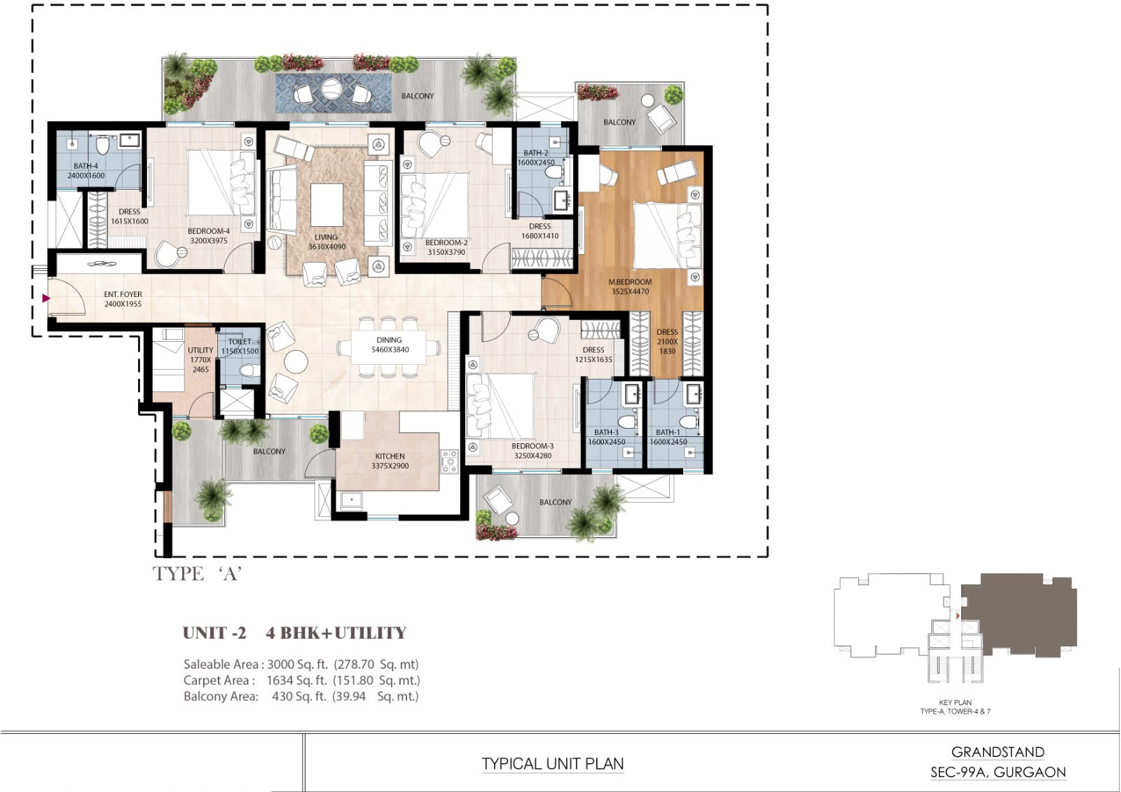 ATS Grandstand 4 BHK + Utility Type A Floor Plan