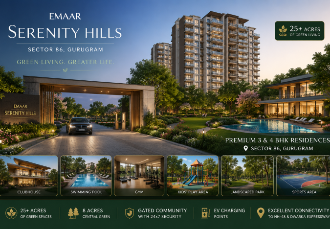 Emaar Serenity Hills Sector 86 Gurgaon with residential towers, clubhouse, swimming pool, gym, kids’ play area and landscaped greens.