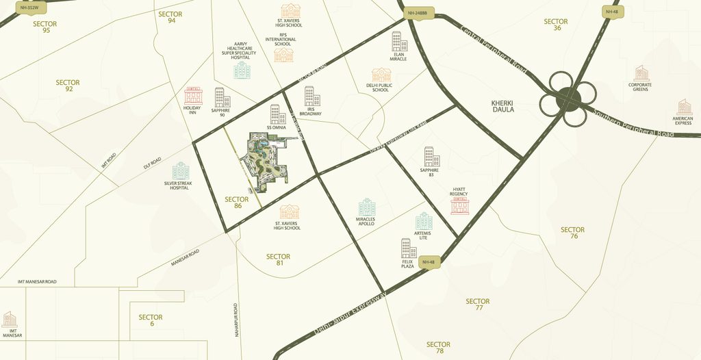 Emaar Serenity Hills Sector 86 Gurgaon location map showing NH-48, Dwarka Expressway and nearby landmarks